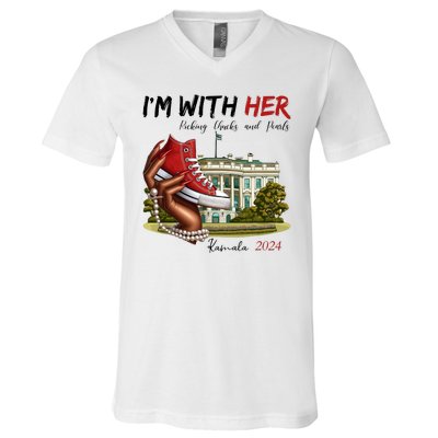 Im With Her Chucks And Pearls Kamala Harris White House 2024 V-Neck T-Shirt