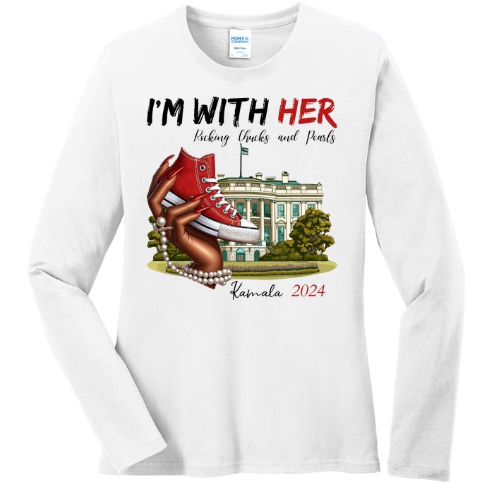 Im With Her Chucks And Pearls Kamala Harris White House 2024 Ladies Long Sleeve Shirt