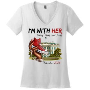 Im With Her Chucks And Pearls Kamala Harris White House 2024 Women's V-Neck T-Shirt