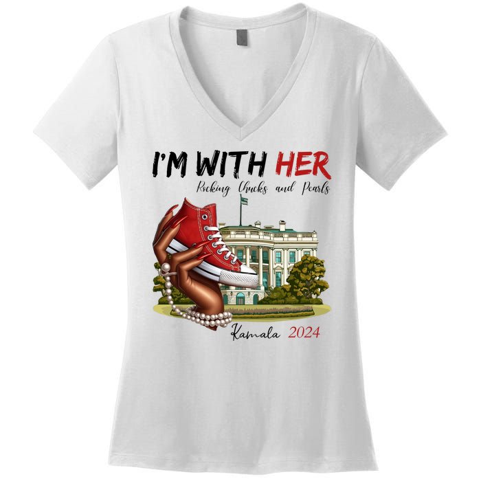 Im With Her Chucks And Pearls Kamala Harris White House 2024 Women's V-Neck T-Shirt