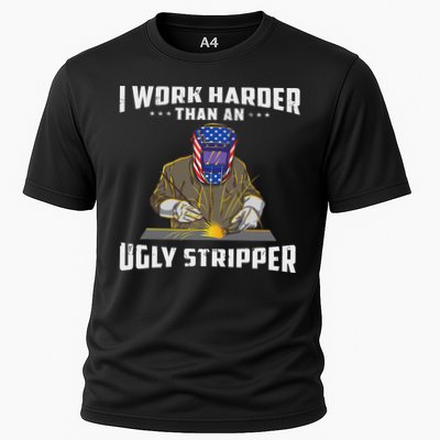 I Work Harder Than An Ugly Stripper Funny Welder Welding Cooling Performance Crew T-Shirt