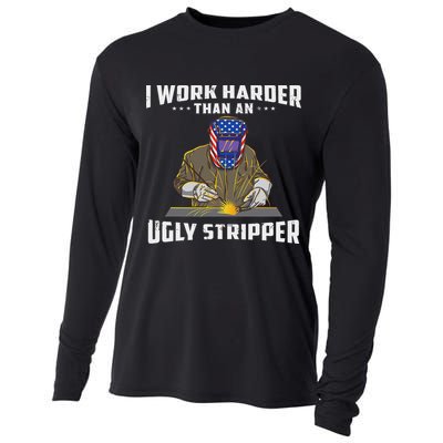 I Work Harder Than An Ugly Stripper Funny Welder Welding Cooling Performance Long Sleeve Crew