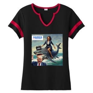 IM With Her Funny Kamala Riding A Shark 2024 President Beat Trump Ladies Halftime Notch Neck Tee