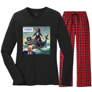 IM With Her Funny Kamala Riding A Shark 2024 President Beat Trump Women's Long Sleeve Flannel Pajama Set 