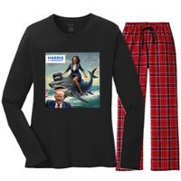 IM With Her Funny Kamala Riding A Shark 2024 President Beat Trump Women's Long Sleeve Flannel Pajama Set 