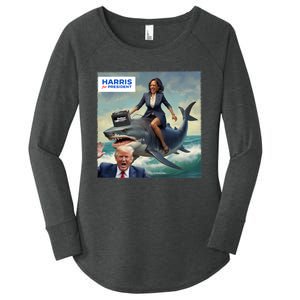 IM With Her Funny Kamala Riding A Shark 2024 President Beat Trump Women's Perfect Tri Tunic Long Sleeve Shirt