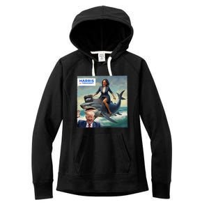 IM With Her Funny Kamala Riding A Shark 2024 President Beat Trump Women's Fleece Hoodie