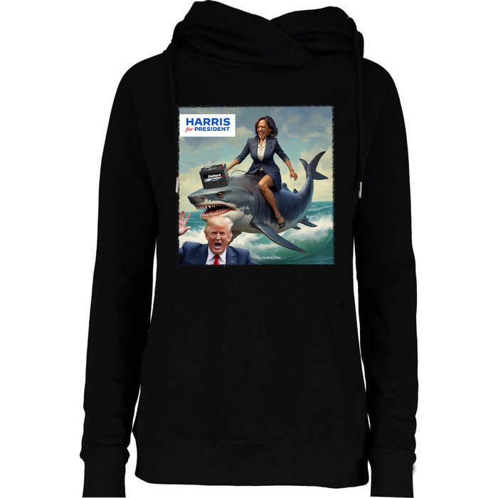 IM With Her Funny Kamala Riding A Shark 2024 President Beat Trump Womens Funnel Neck Pullover Hood