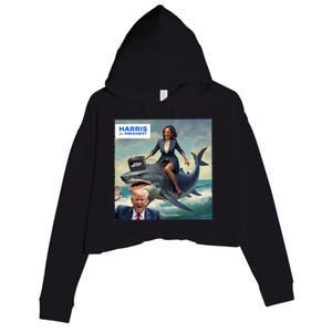 IM With Her Funny Kamala Riding A Shark 2024 President Beat Trump Crop Fleece Hoodie