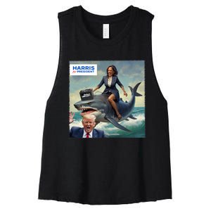 IM With Her Funny Kamala Riding A Shark 2024 President Beat Trump Women's Racerback Cropped Tank