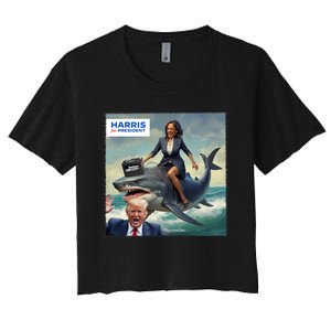 IM With Her Funny Kamala Riding A Shark 2024 President Beat Trump Women's Crop Top Tee