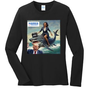 IM With Her Funny Kamala Riding A Shark 2024 President Beat Trump Ladies Long Sleeve Shirt