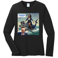 IM With Her Funny Kamala Riding A Shark 2024 President Beat Trump Ladies Long Sleeve Shirt