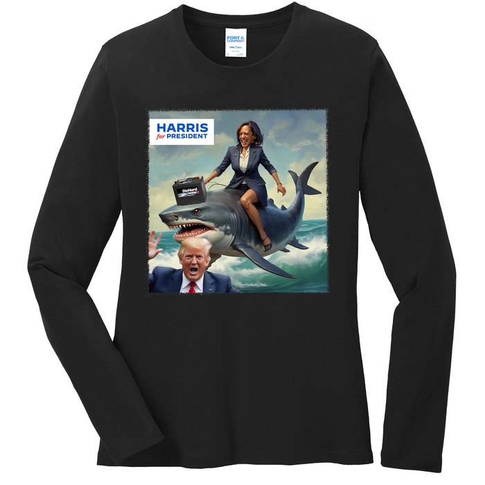 IM With Her Funny Kamala Riding A Shark 2024 President Beat Trump Ladies Long Sleeve Shirt