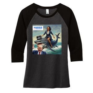 IM With Her Funny Kamala Riding A Shark 2024 President Beat Trump Women's Tri-Blend 3/4-Sleeve Raglan Shirt