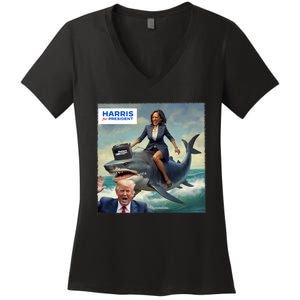 IM With Her Funny Kamala Riding A Shark 2024 President Beat Trump Women's V-Neck T-Shirt