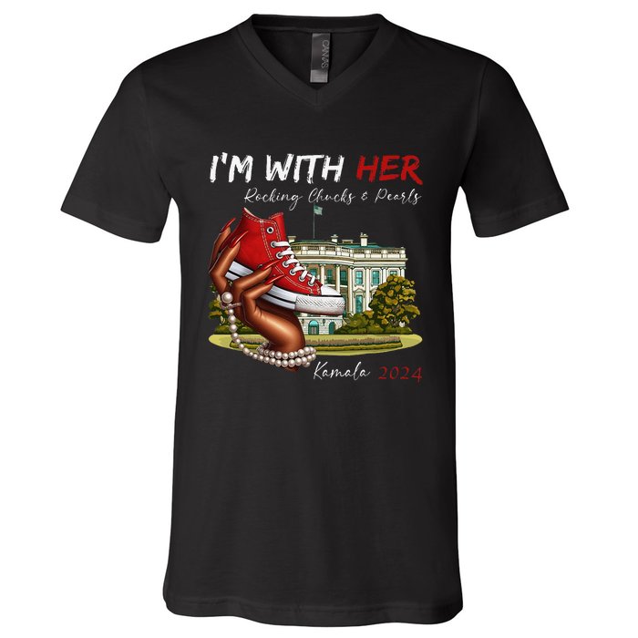 IM With Her Chucks & Pearls Kamala 2024 Gift V-Neck T-Shirt