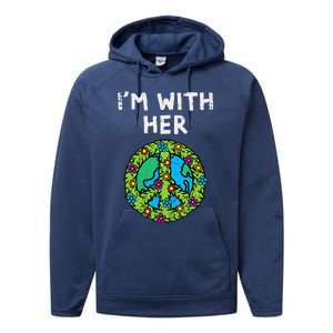 Im With Her Peace Symbol Sign Flowers Cool Earth Day Hippie Performance Fleece Hoodie