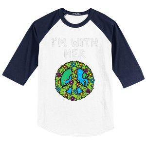 Im With Her Peace Symbol Sign Flowers Cool Earth Day Hippie Baseball Sleeve Shirt