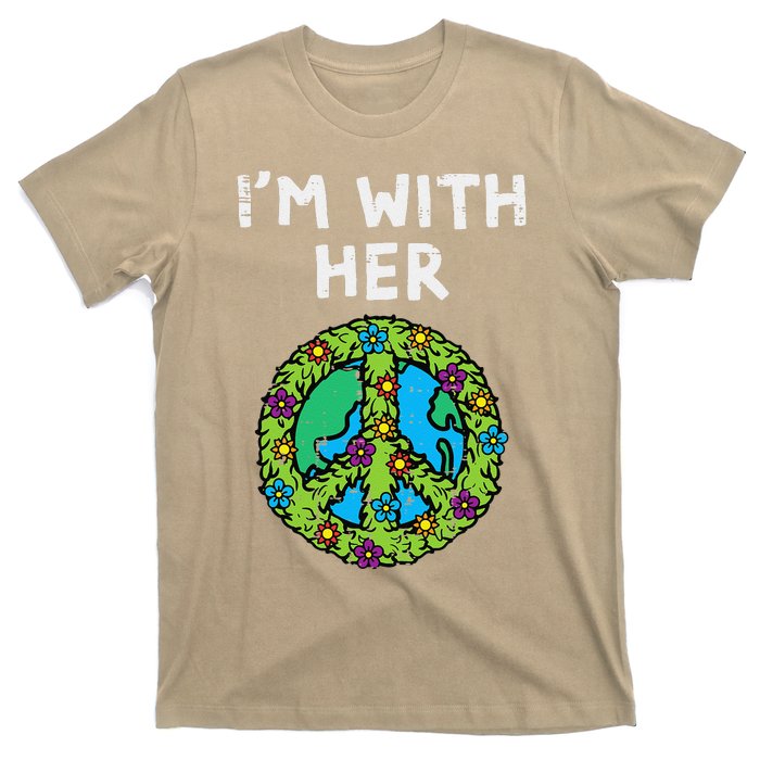 Im With Her Peace Symbol Sign Flowers Cool Earth Day Hippie T-Shirt