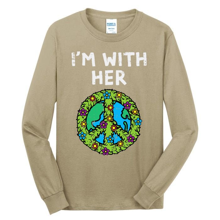 Im With Her Peace Symbol Sign Flowers Cool Earth Day Hippie Tall Long Sleeve T-Shirt