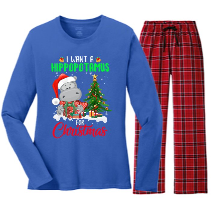 I Wants Hippopotamus For Christmas Xmas Hippos For Zoologist Meaningful Gift Women's Long Sleeve Flannel Pajama Set 