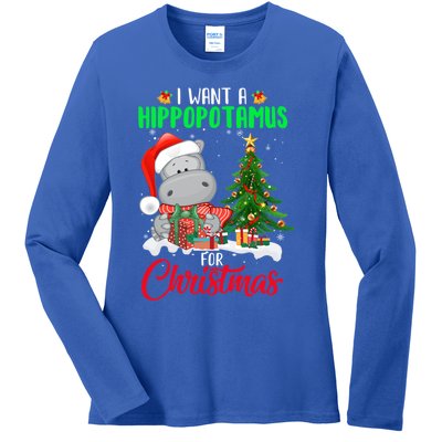 I Wants Hippopotamus For Christmas Xmas Hippos For Zoologist Meaningful Gift Ladies Long Sleeve Shirt