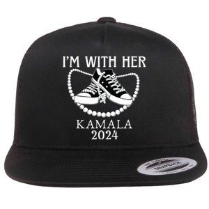 Im With Her Kamala Chucks And Pearls Election 2024 Flat Bill Trucker Hat