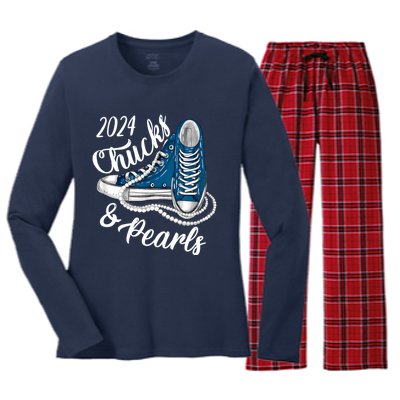 IM With Her Chucks And Pearls 2024 Kamala Election Sneakers Women's Long Sleeve Flannel Pajama Set 