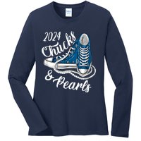 IM With Her Chucks And Pearls 2024 Kamala Election Sneakers Ladies Long Sleeve Shirt