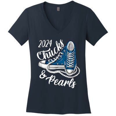 IM With Her Chucks And Pearls 2024 Kamala Election Sneakers Women's V-Neck T-Shirt