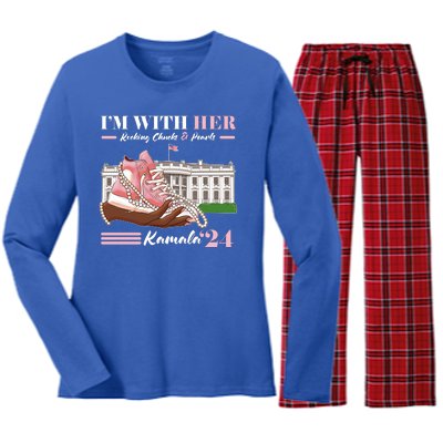 Im With Her Rocking Chucks And Pearls Kamala Harris 2024 Election Women's Long Sleeve Flannel Pajama Set 