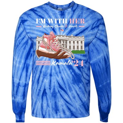 Im With Her Rocking Chucks And Pearls Kamala Harris 2024 Election Tie-Dye Long Sleeve Shirt