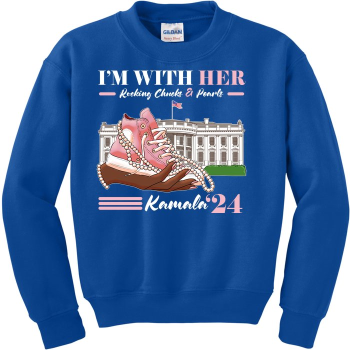 Im With Her Rocking Chucks And Pearls Kamala Harris 2024 Election Kids Sweatshirt