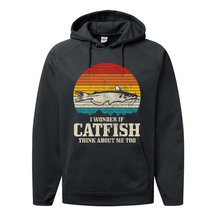 I Wonder If Catfish Think About Me Vintage Funny Catfishing Performance Fleece Hoodie