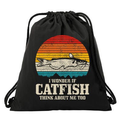I Wonder If Catfish Think About Me Vintage Funny Catfishing Drawstring Bag