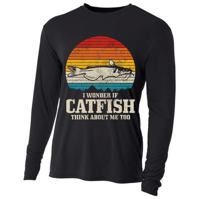 I Wonder If Catfish Think About Me Vintage Funny Catfishing Cooling Performance Long Sleeve Crew