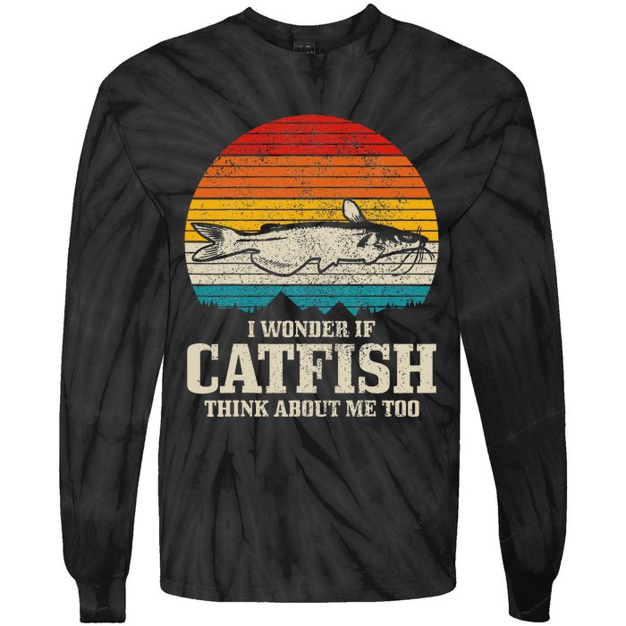 I Wonder If Catfish Think About Me Vintage Funny Catfishing Tie-Dye Long Sleeve Shirt