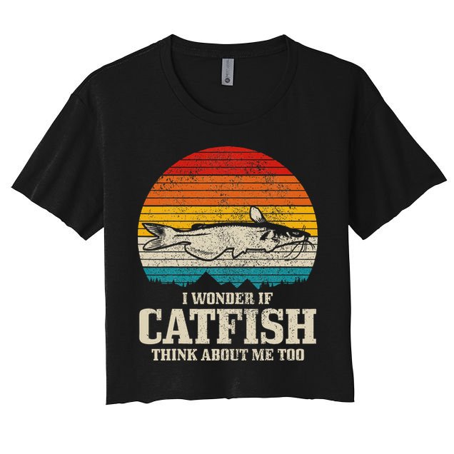 I Wonder If Catfish Think About Me Vintage Funny Catfishing Crop Top