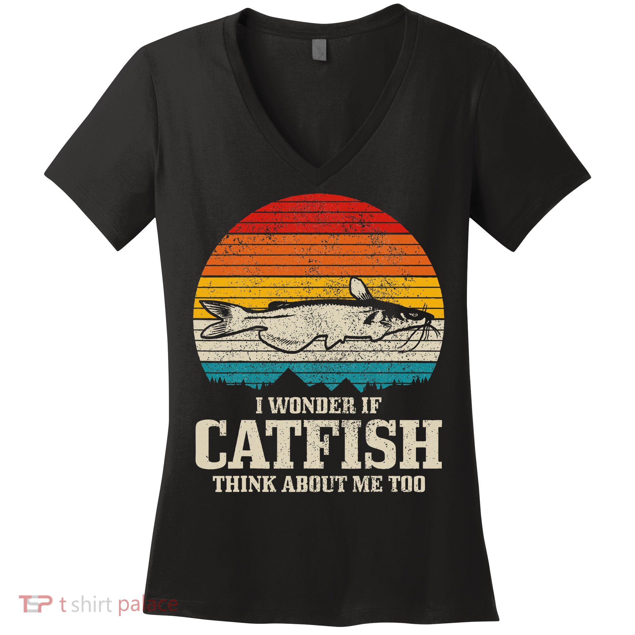 I Wonder If Catfish Think About Me Vintage Funny Catfishing Women's V-Neck T-Shirt
