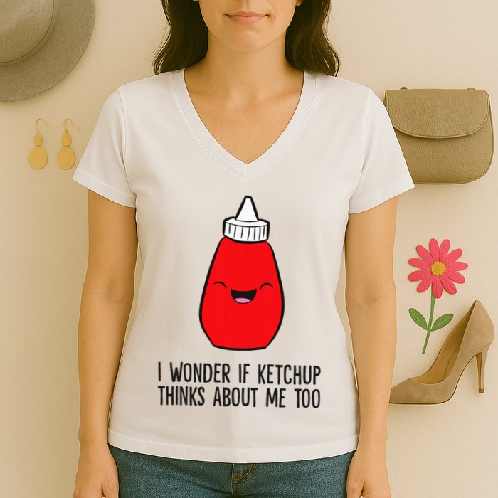 I Wonder If K.E.T.C.H.U.P Thinks About Me Too Funny Women's V-Neck T-Shirt