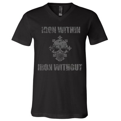 Iron Within Iron Without Marines Helmet Distresses V-Neck T-Shirt