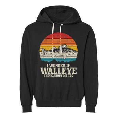 I Wonder If Walleye Think About Me Vintage Fishing Walleye Garment-Dyed Fleece Hoodie
