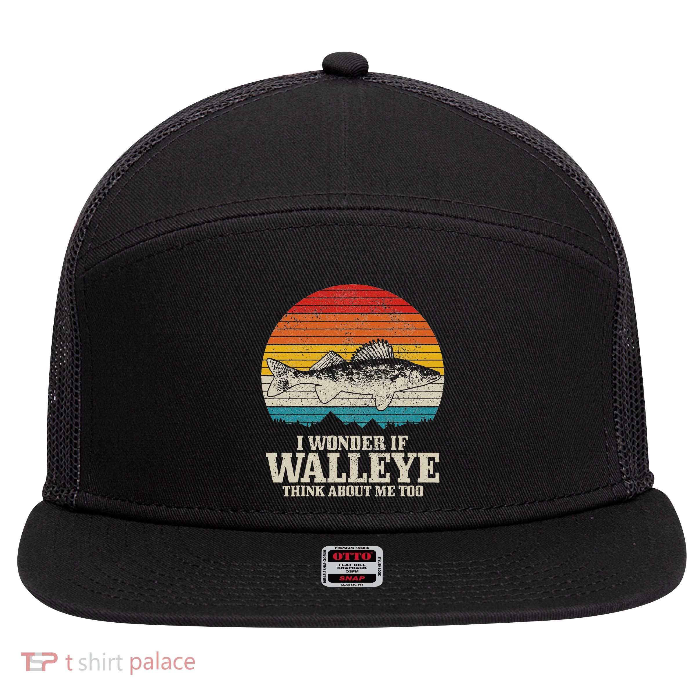 I Wonder If Walleye Think About Me Vintage Fishing Walleye 7 Panel Mesh Trucker Snapback Hat