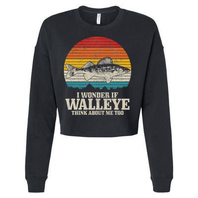 I Wonder If Walleye Think About Me Vintage Fishing Walleye Cropped Pullover Crew