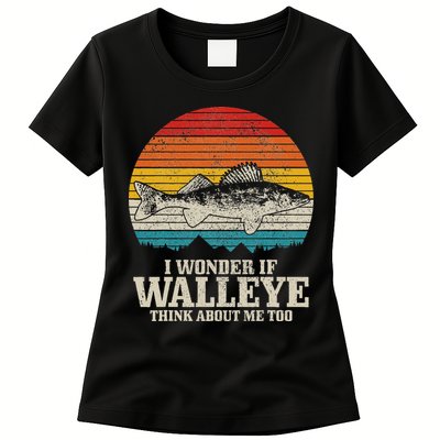 I Wonder If Walleye Think About Me Vintage Fishing Walleye Womens T-Shirt