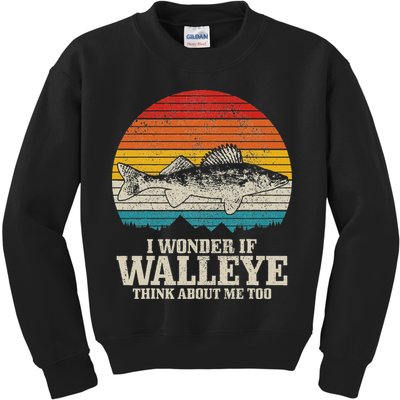 I Wonder If Walleye Think About Me Vintage Fishing Walleye Kids Sweatshirt