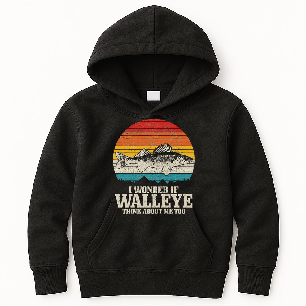 I Wonder If Walleye Think About Me Vintage Fishing Walleye Kids Hoodie