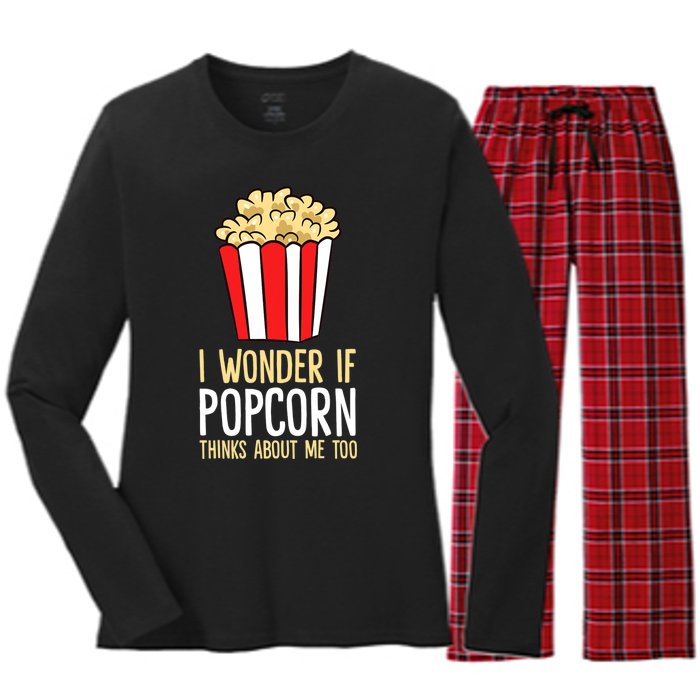 I Wonder If Popcorn Thinks About Me Too Popcorn Lover Women's Long Sleeve Flannel Pajama Set 