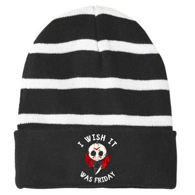 I Wish It Was Friday Funny Halloween Scary Holiday Striped Beanie with Solid Band